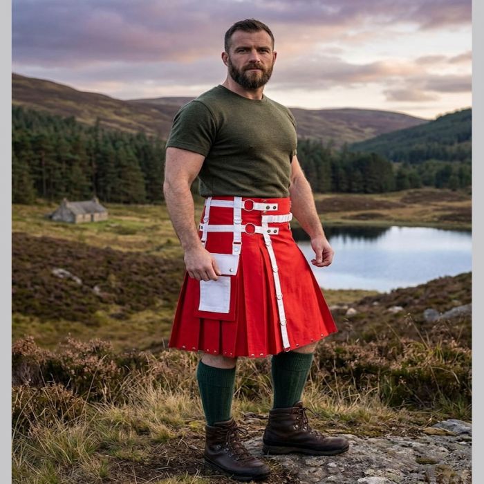 Christmas Red Utility Kilt with White Straps
