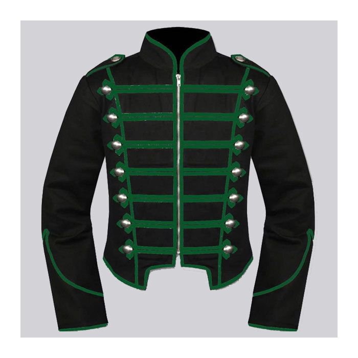 Mens Black Green Military Marching Band Drummer Jacket,Mens Gothic style military coat