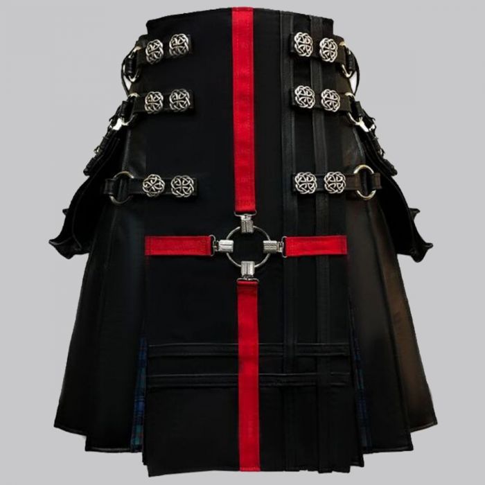 Fashionable Red Cross Black Leather Gothic Kilt For Men