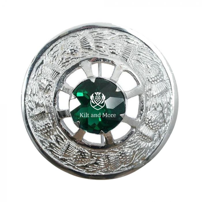 Thistle Design and Green Stone Brooch - Chrome Finish