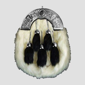 Chrome Celtic Cantle White Rabbit Sporran With 5 Black Fur Tassels