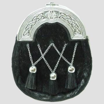 Chrome Plain Celtic Black Calfskin Sporran With Crossed Tassels