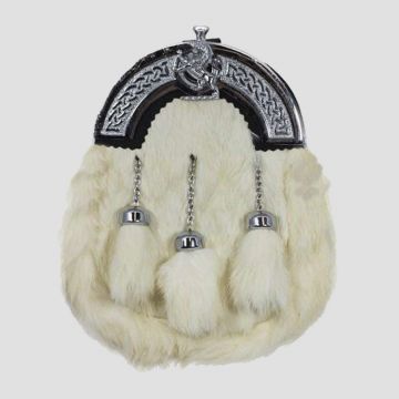 Full Dress Sporran White Rabbit Fur Chrome Lion Emblem