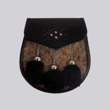 Semi Dress Sporran  - Grey Black Rabbit Fur Cross Stud Emboss